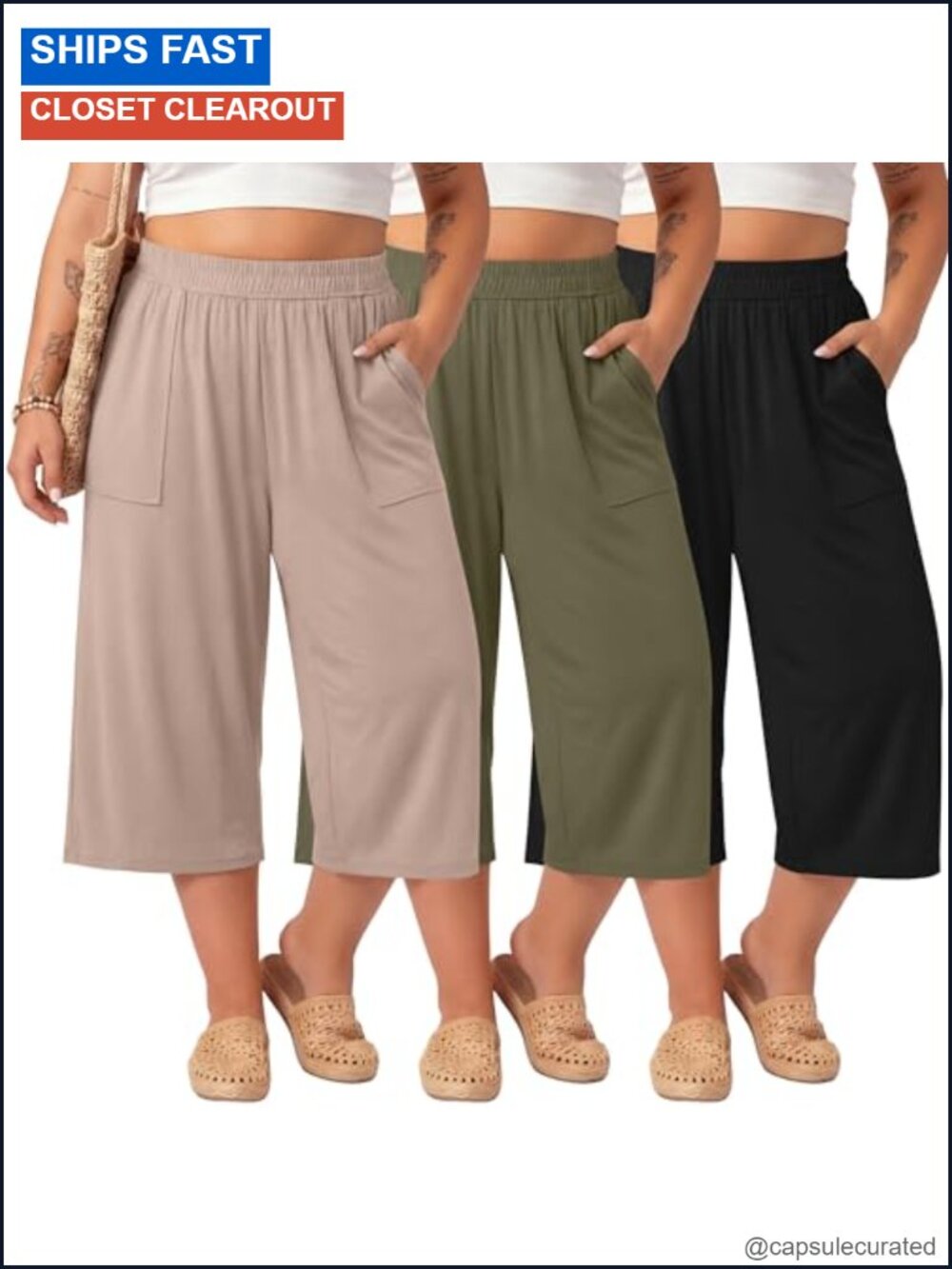 Plus Size Capri Pants Cotton Spandex Wide Leg 3-Pack Casual Yoga